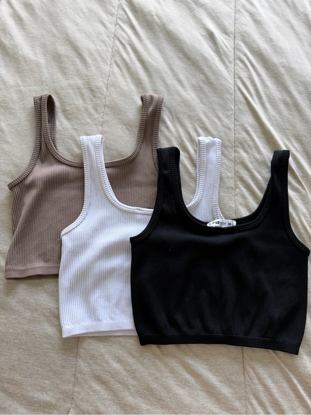 Set of 3 Ribbed Tank Crop Top - Black, White, Taupe